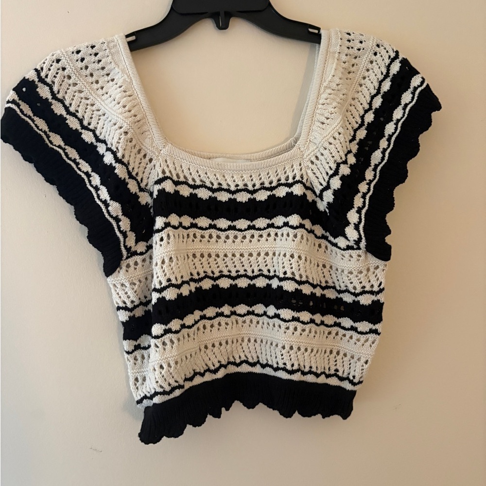 Freshman 1996 Crochet Knit Top Large Black White Stripe Square Neck Boho